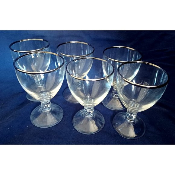 Vintage Set of 6 Silver Rimmed Crystal 8oz wine Bar Liquer Glasses Stemmed - Picture 2 of 7